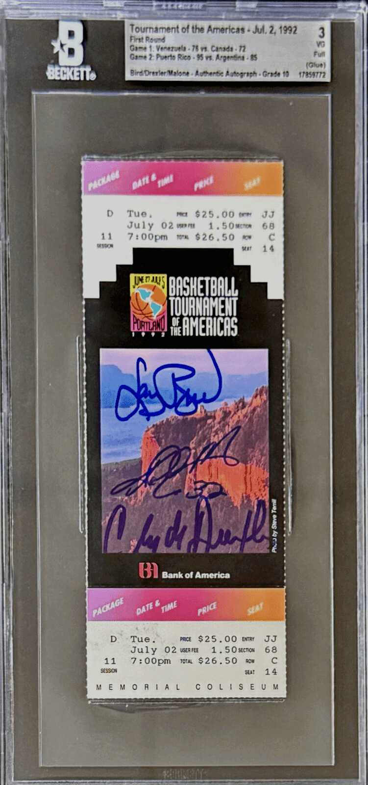 Bird Malone Drexler Signed 1992 Dream Team Tournament of Americas Ticket BAS 7/2 Bird Malone Drexler Ticket Stub bird-malone-drexler-1992-dream-team, supplier stock photo