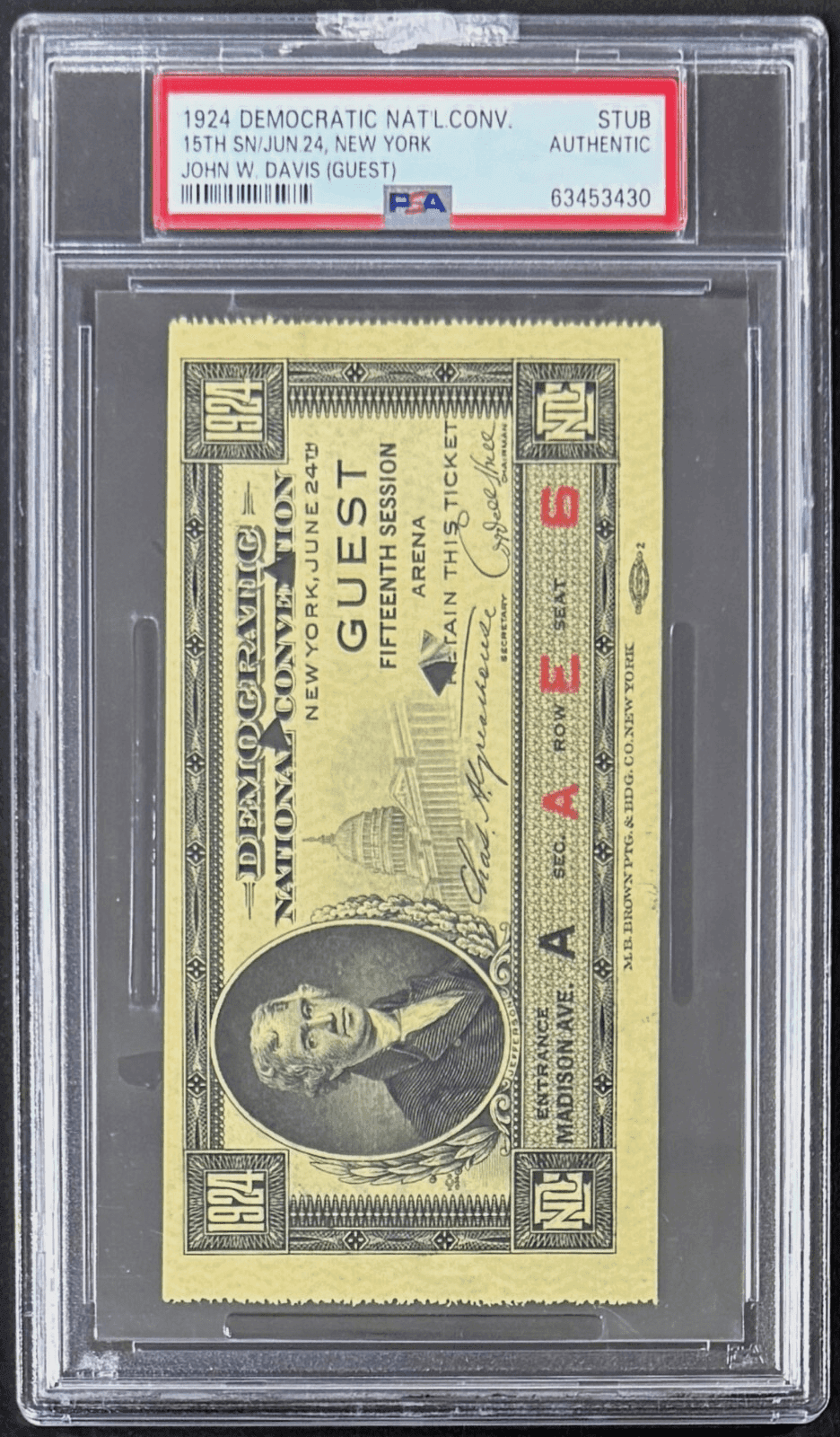 1924 Democratic National Convention New York Guest John W. Davis PSA Stub Ticket Stub 1924-democratic-national-convention-york-guest, view 2, supplier stock photo