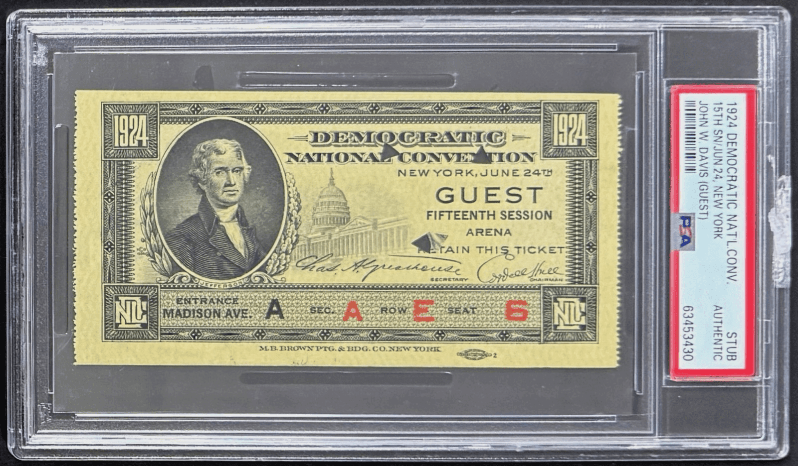 1924 Democratic National Convention New York Guest John W. Davis PSA Stub Ticket Stub 1924-democratic-national-convention-york-guest, supplier stock photo