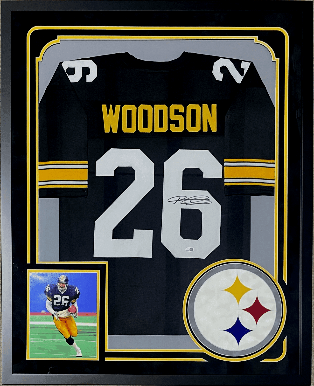 Rod Woodson Signed Autographed Framed Black/Yellow Jersey JSA Suede Cut Logo Rod Woodson Jersey rod-woodson-framed-black-yellow-suede, supplier stock photo