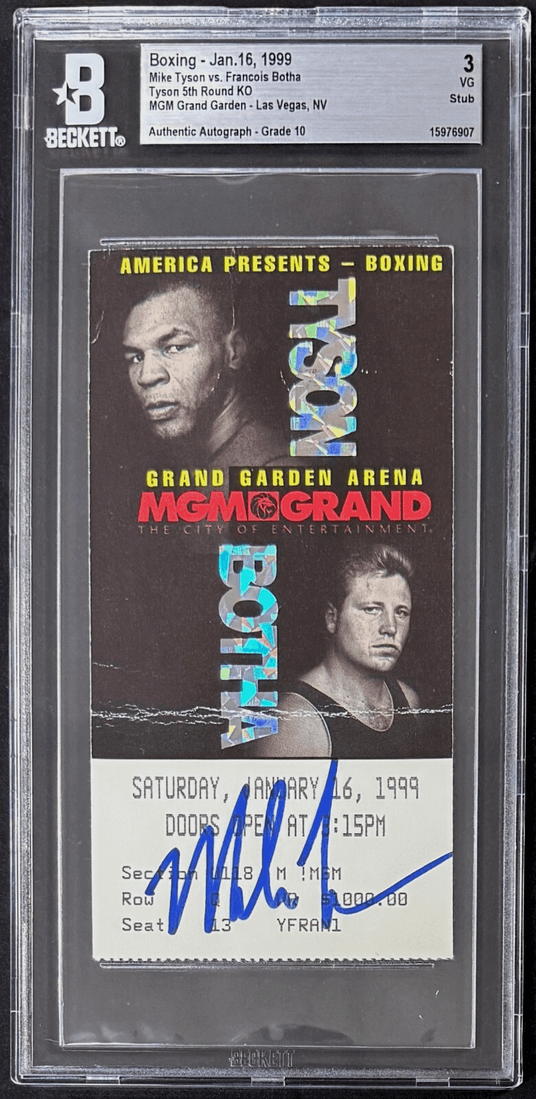 Mike Tyson Signed 1999 Ticket Stub vs Botha 5th Round TKO Beckett 3 VG Auto 10 Mike Tyson Ticket Stub mike-tyson-1999-vs-botha-5th, supplier stock photo