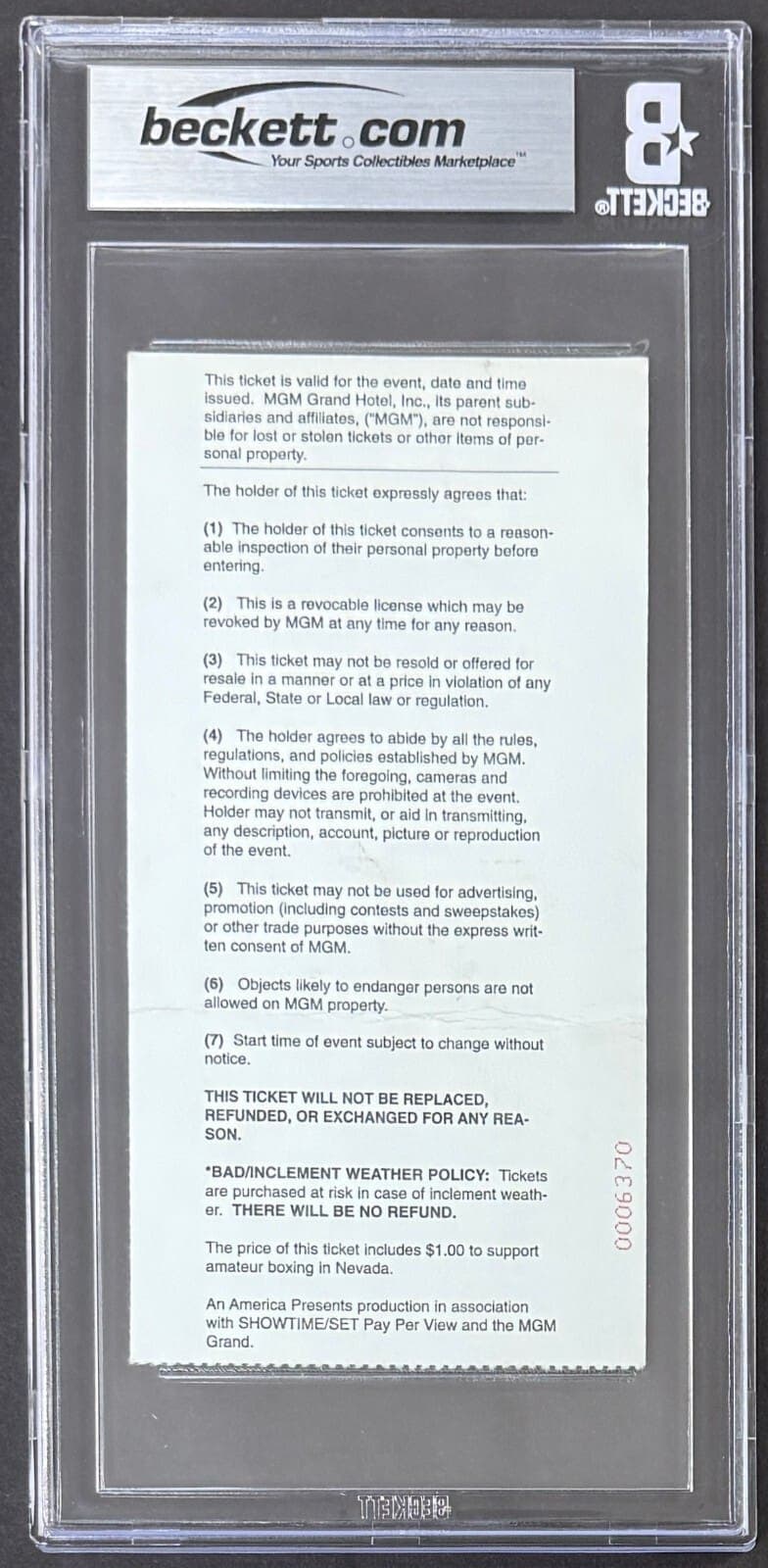 Mike Tyson Signed 1999 Ticket Stub vs Botha 5th Round TKO Beckett 3 VG Auto 10 Mike Tyson Ticket Stub mike-tyson-1999-vs-botha-5th, view 2, supplier stock photo