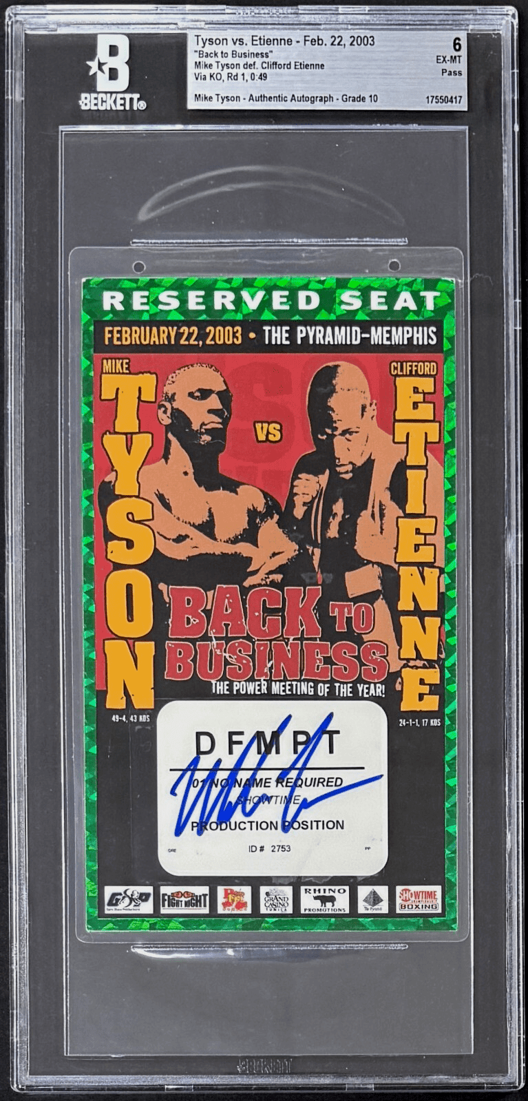 Mike Tyson Signed 2003 Pass vs Etienne 1st Round KO Beckett 6 EX-MT Auto 10 Mike Tyson Other mike-tyson-2003-pass-vs-etienne, supplier stock photo