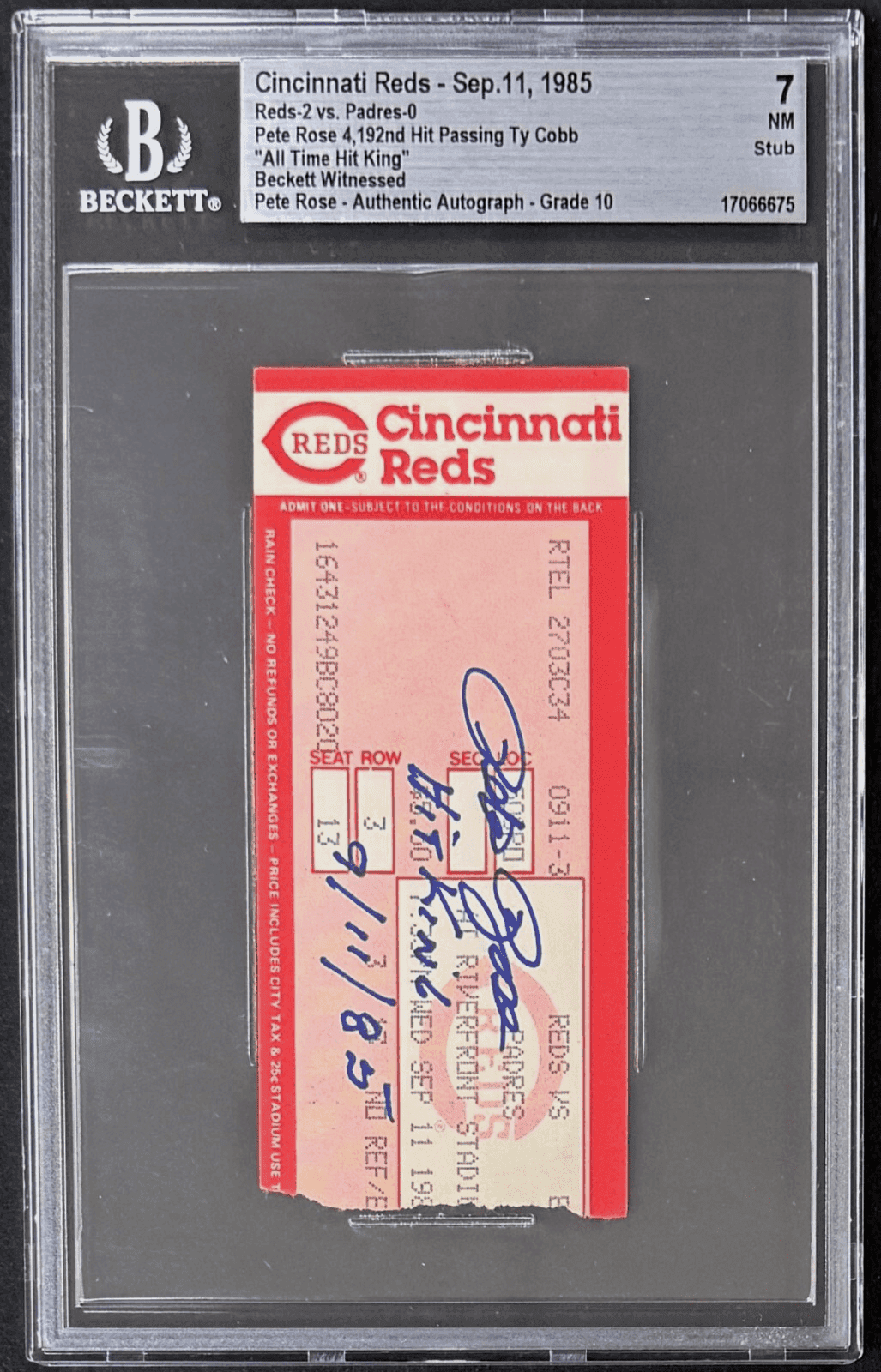 PETE ROSE SIGNED TICKET STUB 9/11/85 “All Time Hit King” BECKETT 7 NM AUTO 10 Pete Rose Ticket Stub pete-rose-9-11-85-all, Cincinnati Reds, view 2, supplier stock photo