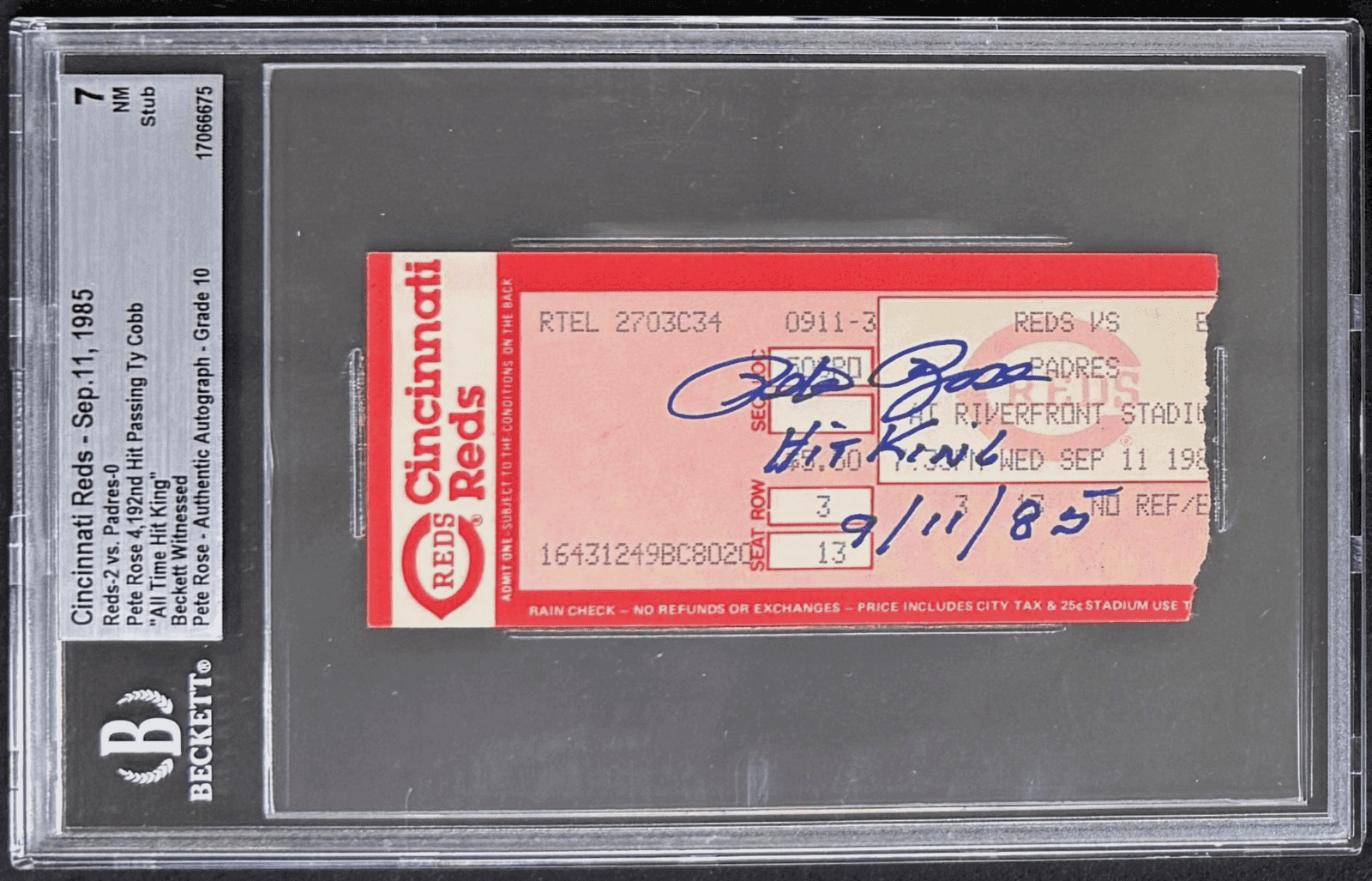 PETE ROSE SIGNED TICKET STUB 9/11/85 “All Time Hit King” BECKETT 7 NM AUTO 10 Pete Rose Ticket Stub pete-rose-9-11-85-all, Cincinnati Reds, supplier stock photo