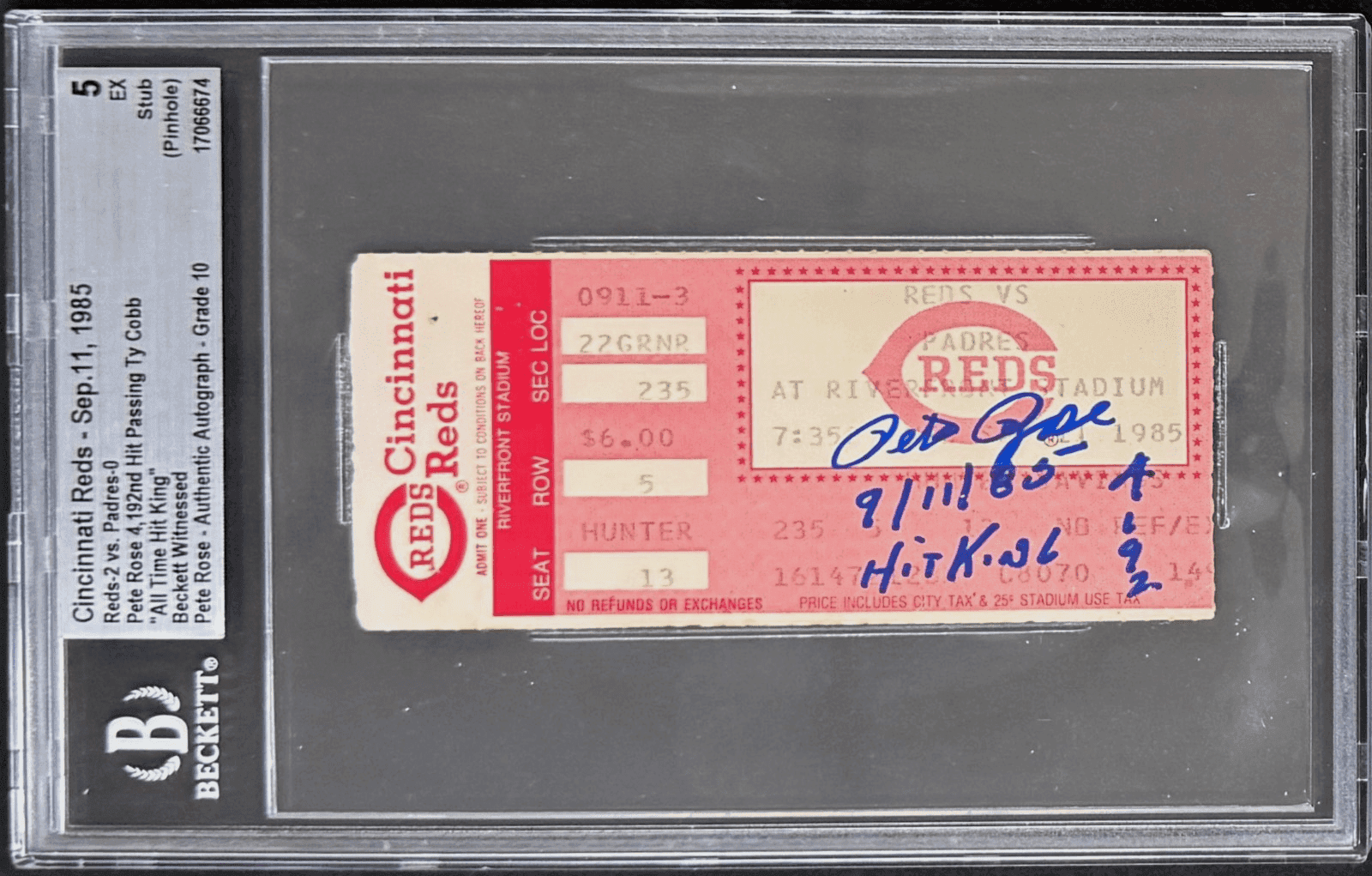PETE ROSE SIGNED TICKET STUB 9/11/85 “All Time Hit King” BECKETT 5 EX AUTO 10 Pete Rose Ticket Stub pete-rose-9-11-85-all, Cincinnati Reds, supplier stock photo