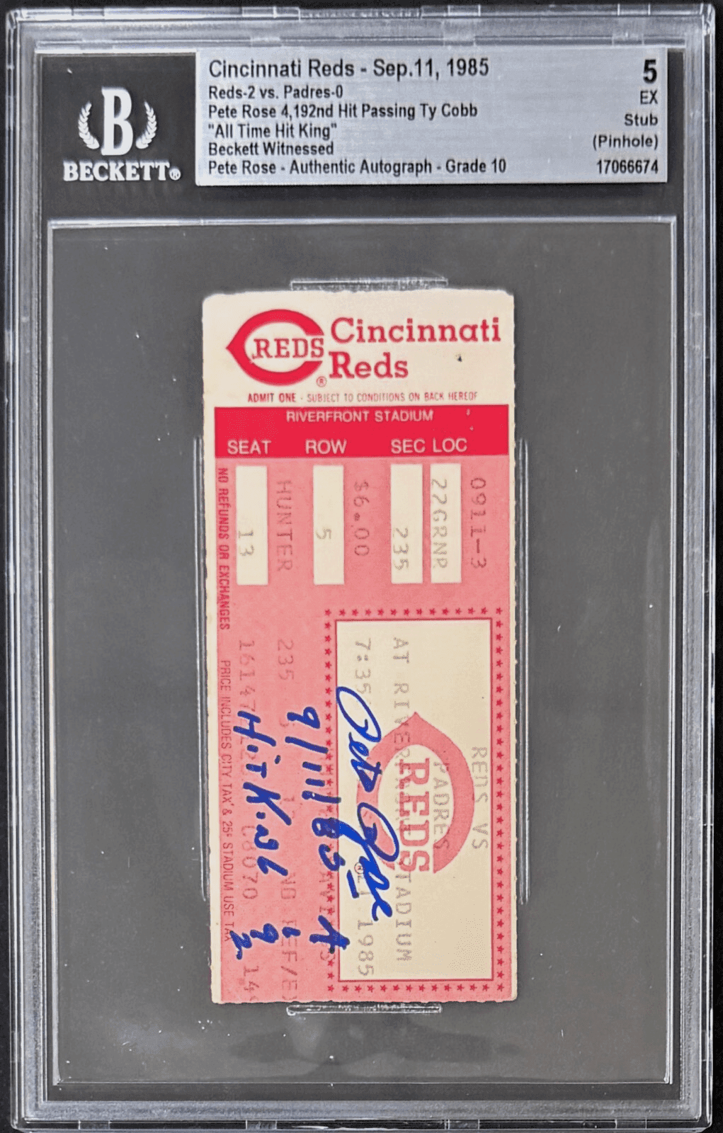 PETE ROSE SIGNED TICKET STUB 9/11/85 “All Time Hit King” BECKETT 5 EX AUTO 10 Pete Rose Ticket Stub pete-rose-9-11-85-all, Cincinnati Reds, view 2, supplier stock photo