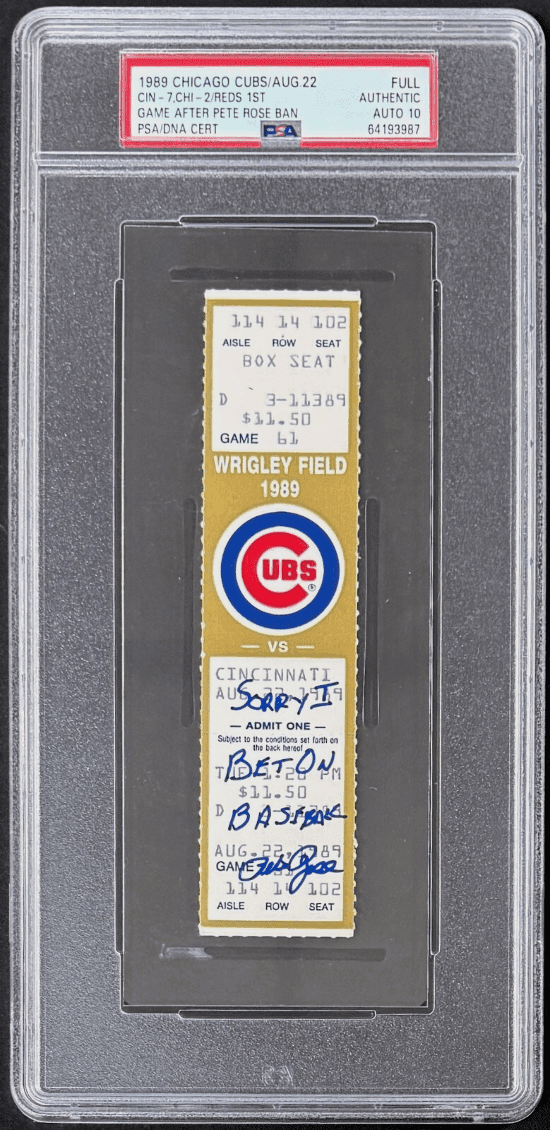 PETE ROSE AUTOGRAPHED FULL TICKET PSA 8/22/1989 “SORRY I BET ON BASEBALL” 193987 Pete Rose Ticket Stub pete-rose-full-8-22-1989, Cincinnati Reds, supplier stock photo