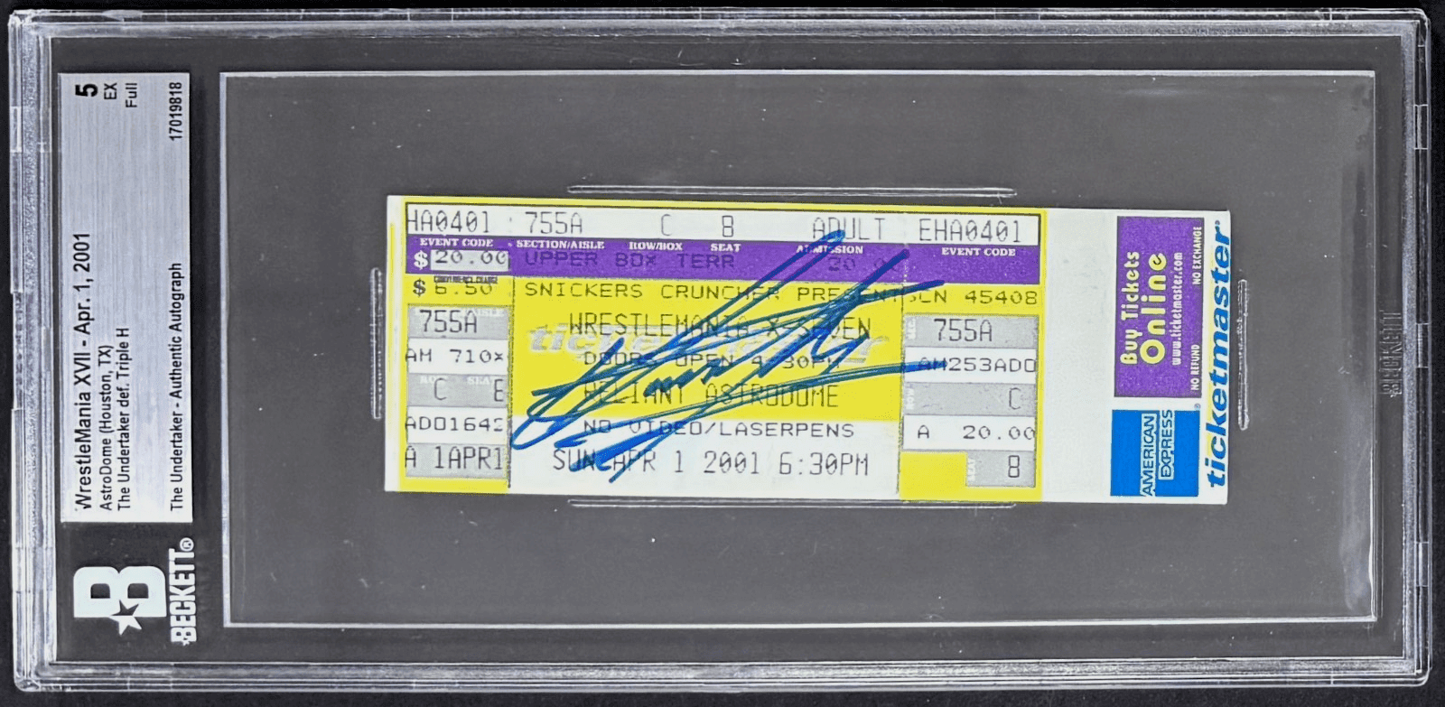 Undertaker Signed 2001 WWE WrestleMania XVII Full Ticket Beckett 5 EX 17019818 Undertaker Ticket Stub 17019818, supplier stock photo