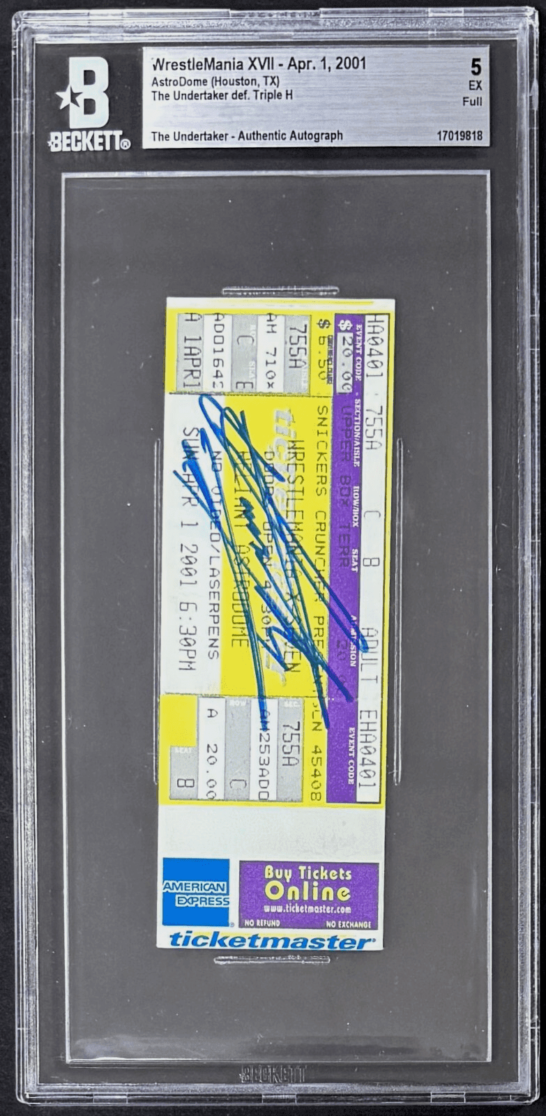 Undertaker Signed 2001 WWE WrestleMania XVII Full Ticket Beckett 5 EX 17019818 Undertaker Ticket Stub 17019818, view 2, supplier stock photo