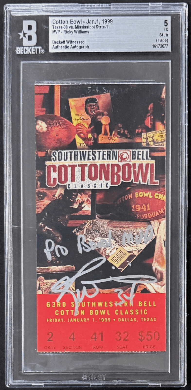 Ricky Williams Signed Cotton Bowl Jan. 1, 1999 Ticket Stub BAS 5 EX Williams MVP Ricky Williams Ticket Stub ricky-williams-cotton-bowl-jan-1, supplier stock photo