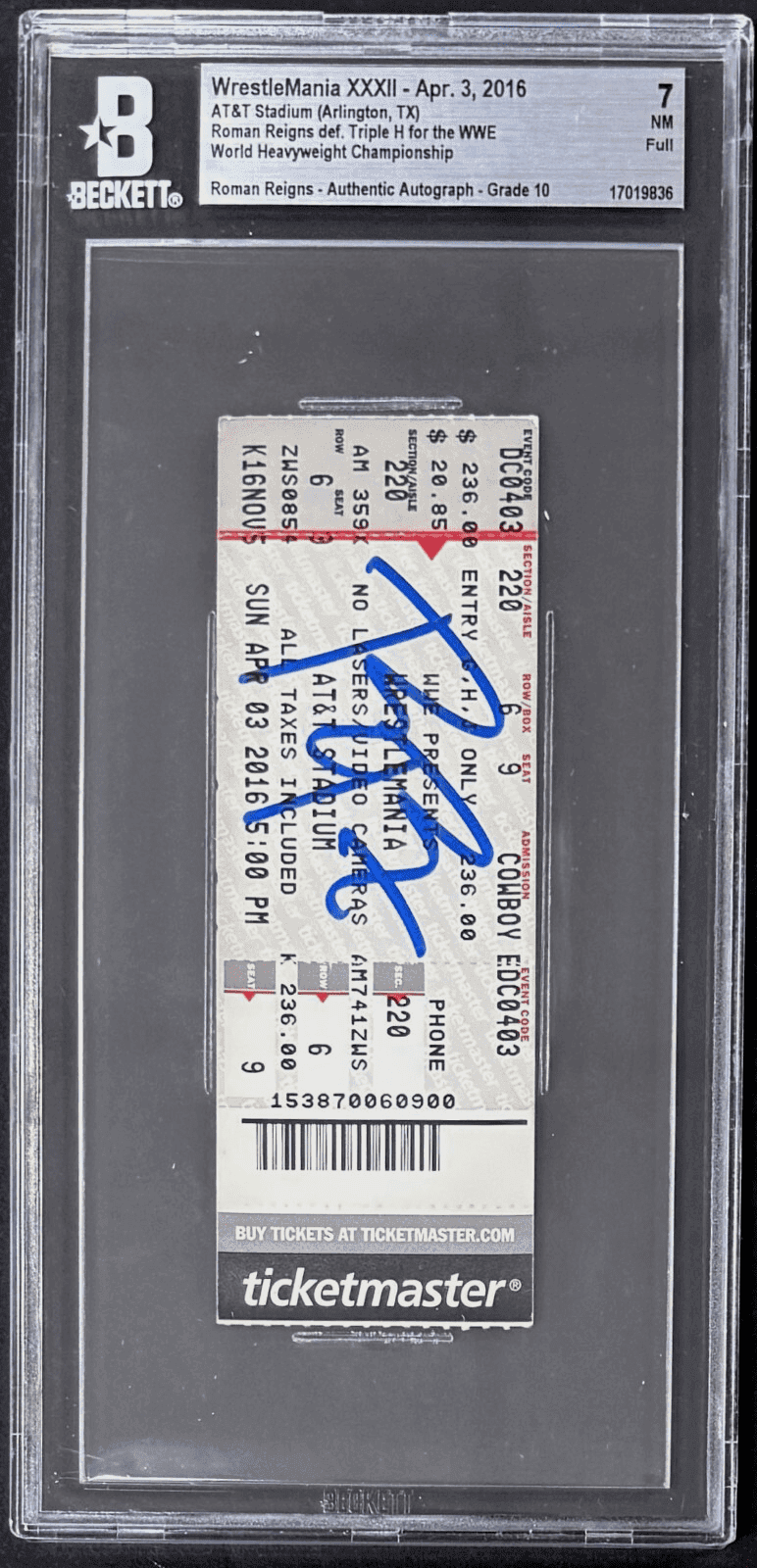 Roman Reigns Signed 2016 WWE WrestleMania XXXII Full Ticket Beckett 7 NM Auto 10 Roman Reigns Ticket Stub roman-reigns-2016-wwe-wrestlemania-xxxii, view 2, supplier stock photo