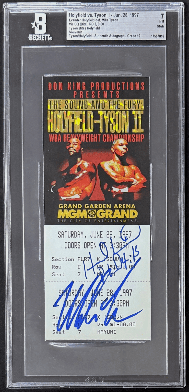 Mike Tyson Signed vs Evander Holyfield Bite Fight Full Ticket BAS 7 NM Auto 10 Evander Holyfield Ticket Stub mike-tyson-vs-evander-holyfield-bite, supplier stock photo