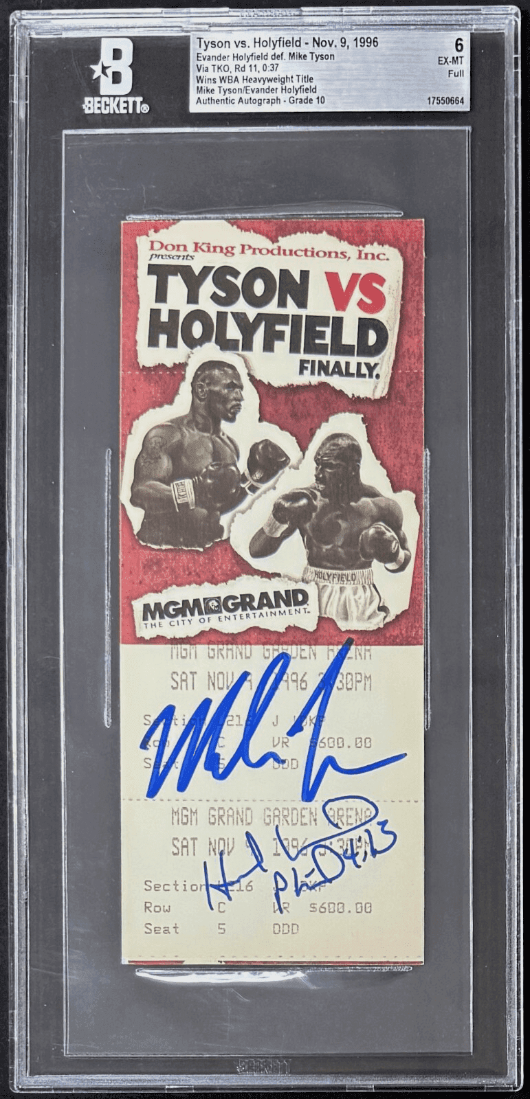 Mike Tyson Signed vs Evander Holyfield Full Ticket BAS 6 EX-MT Auto 10 Evander Holyfield Ticket Stub mike-tyson-vs-evander-holyfield-full, supplier stock photo