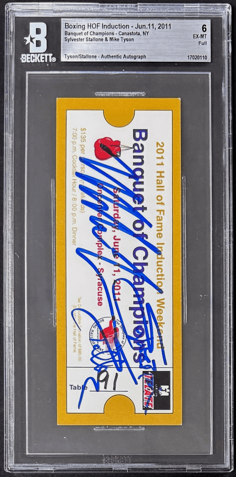 Mike Tyson & Sylvester Stallone Signed 2011 Boxing Hall of Fame Full Ticket BAS Mike Tyson Ticket Stub mike-tyson-sylvester-stallone-2011-boxing, view 2, supplier stock photo