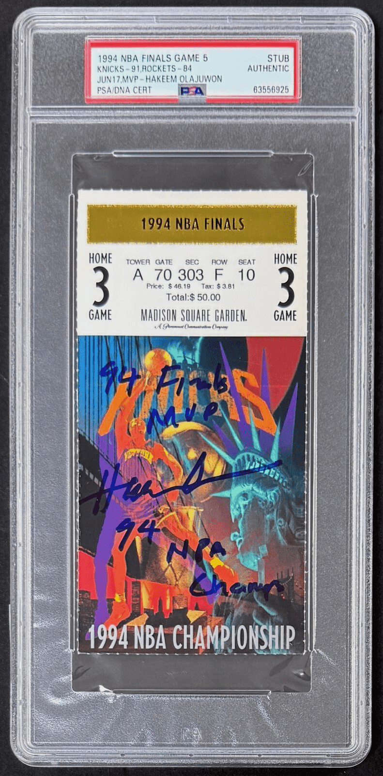Hakeem Olajuwon Signed 1994 NBA Finals Game 5 Rockets vs Knicks Ticket Stub PSA Hakeem Olajuwon Ticket Stub hakeem-olajuwon-1994-nba-finals-game, Houston Rockets, supplier stock photo