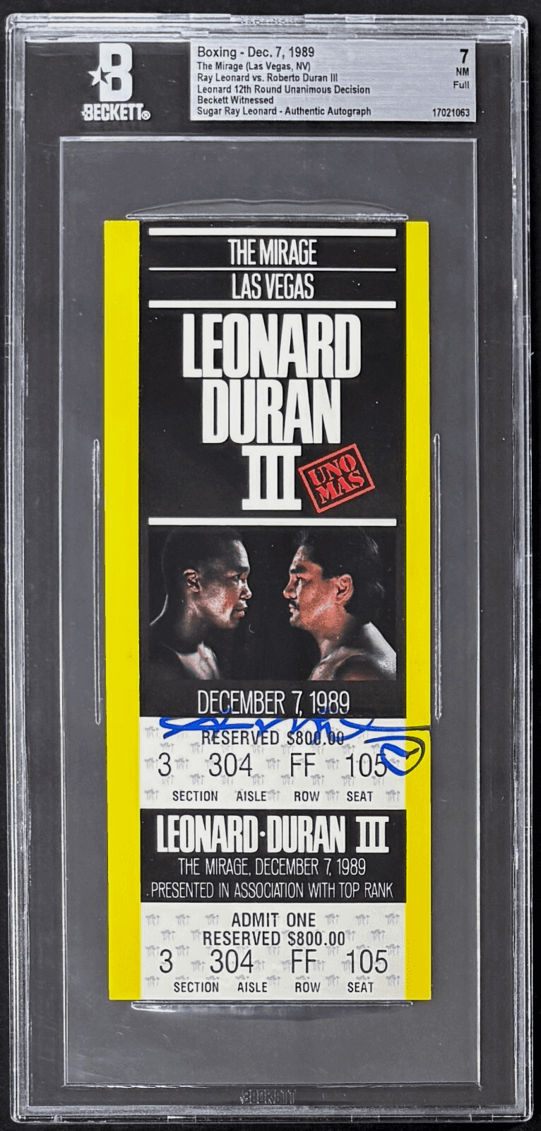 Sugar Ray Leonard Signed Vs Duran III Full Ticket Beckett 7 NM 17021063 Sugar Ray Leonard Ticket Stub 17021063, supplier stock photo