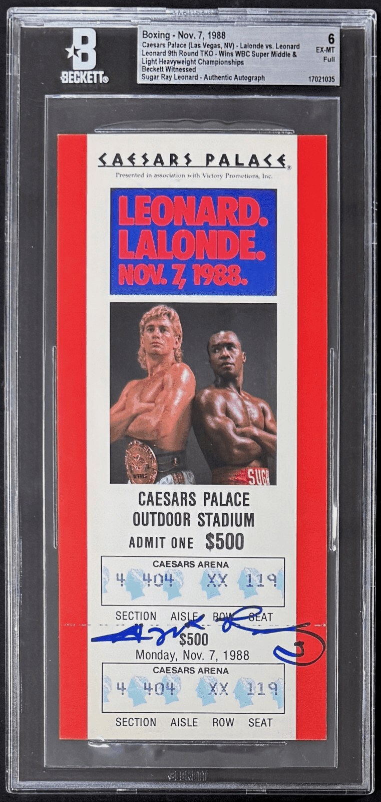 Sugar Ray Leonard Signed Vs Lalonde Full Ticket Beckett 6 EX-MT 17021035 Sugar Ray Leonard Ticket Stub 17021035, supplier stock photo