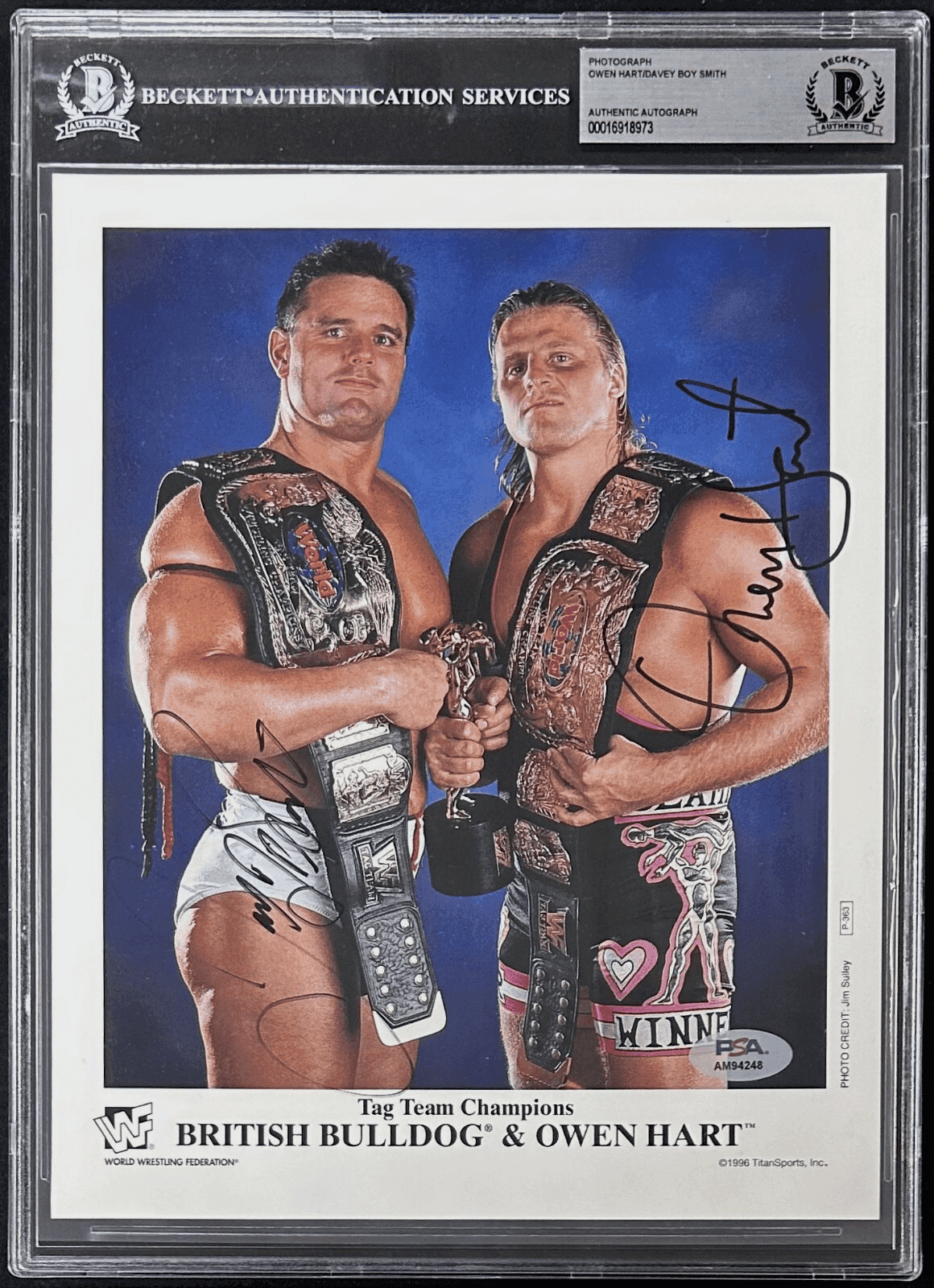 BRITISH BULLDOG & OWEN HART SIGNED WWF Titan Sports PROMO PHOTO P-363 Beckett Photo british-bulldog-owen-hart-wwf-titan, supplier stock photo