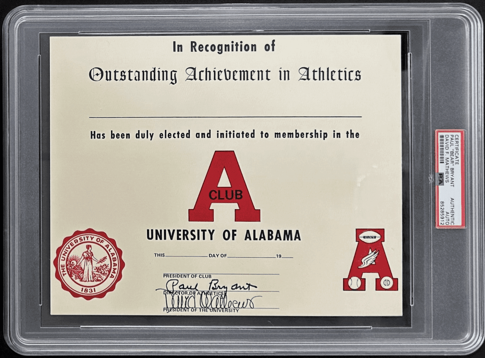 Paul “Bear” Bryant Signed Alabama Achievement Certificate PSA/DNA 85285912 Card 85285912, supplier stock photo
