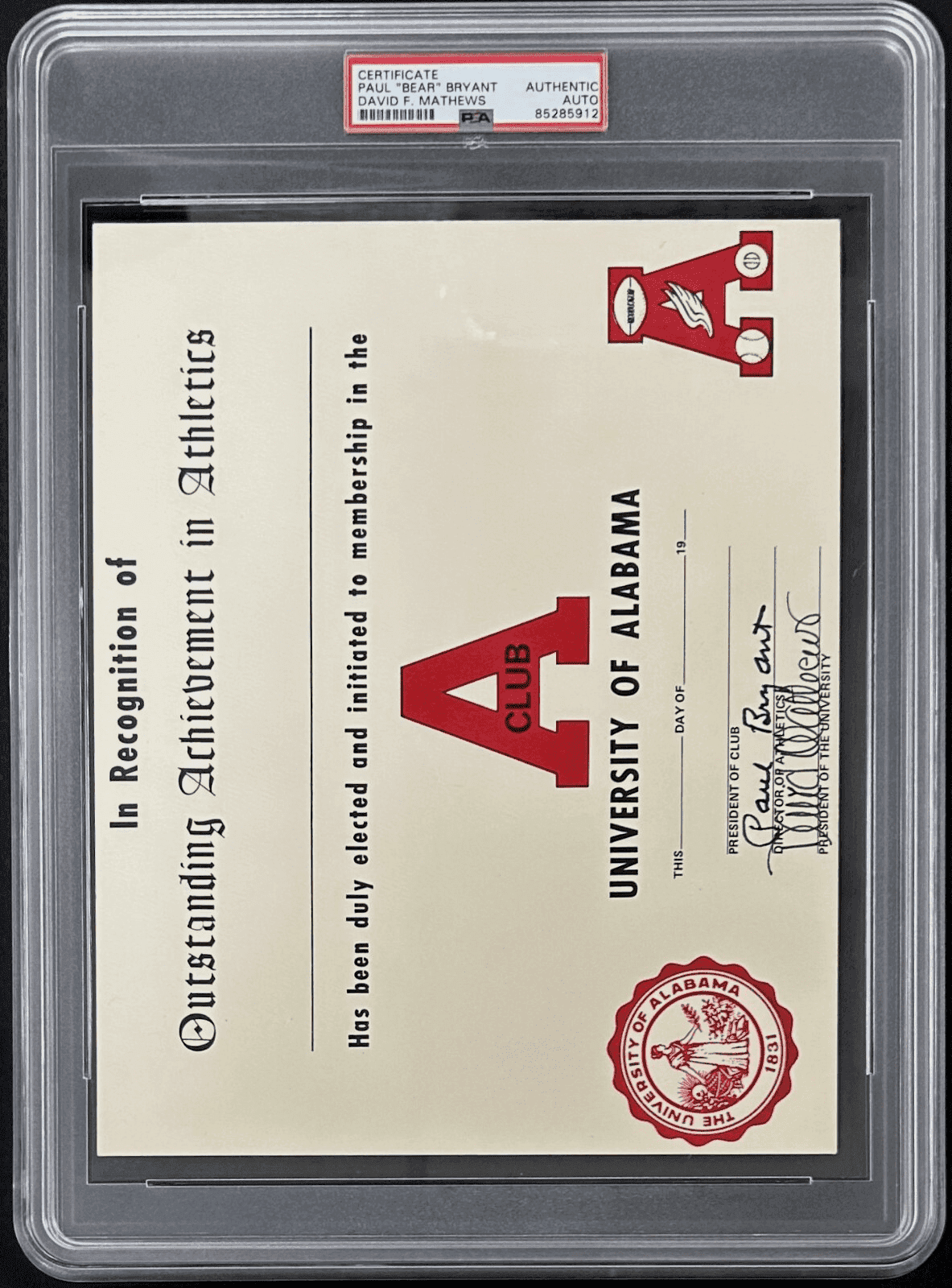 Paul “Bear” Bryant Signed Alabama Achievement Certificate PSA/DNA 85285912 Card 85285912, view 2, supplier stock photo