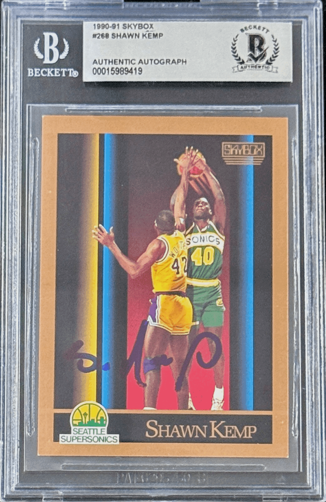 Shawn Kemp Signed 1990-91 Skybox Rookie Card #268 Beckett 15989419 Shawn Kemp Card 15989419, Seattle Supersonics, supplier stock photo