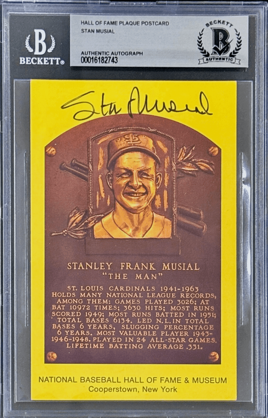 Stan Musial Signed Autographed Hall of Fame Plaque Postcard Beckett 16182743 Stan Musial Card 16182743, St. Louis Cardinals, supplier stock photo