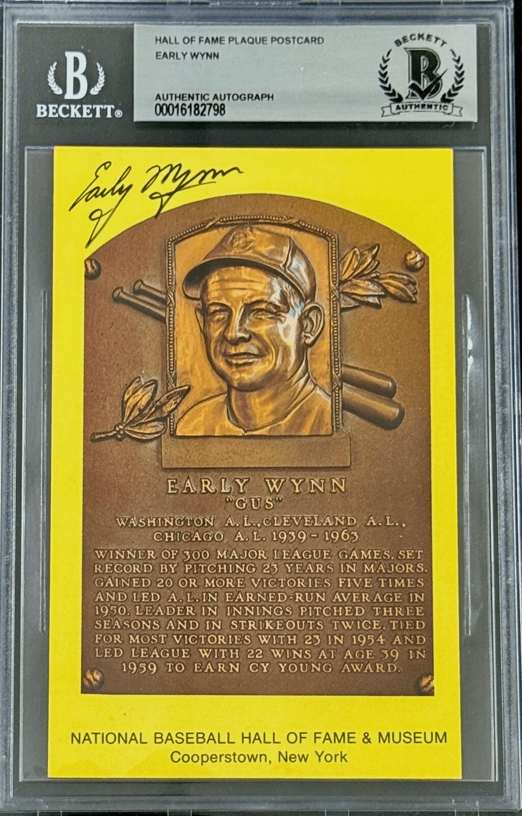 Early Wynn Signed Autographed Hall of Fame Plaque Postcard Beckett 16182798 Early Wynn Card 16182798, Cleveland Guardians, supplier stock photo