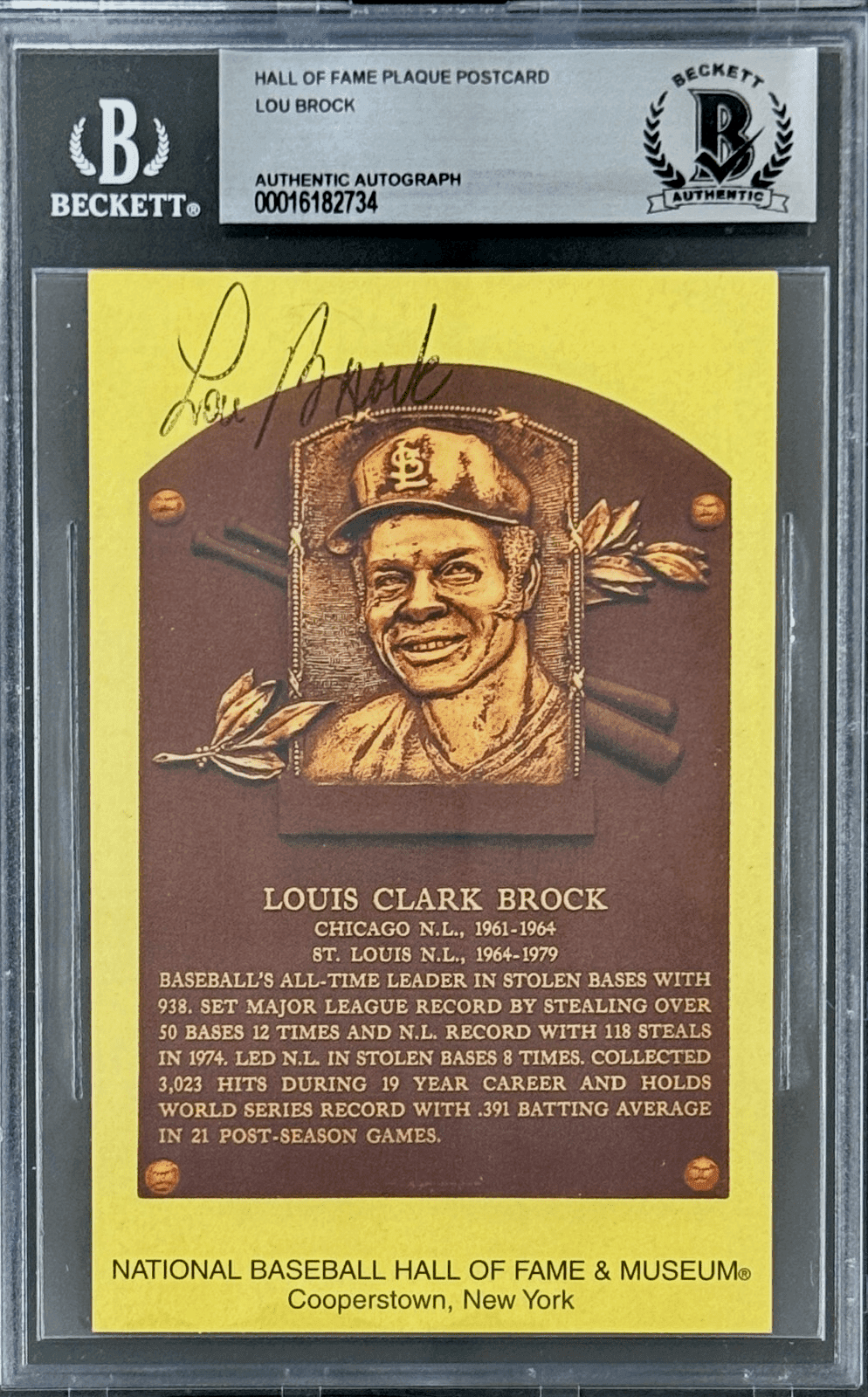 Lou Brock Signed Autographed Hall of Fame Plaque Postcard Beckett 16182734 Lou Brock Card 16182734, St. Louis Cardinals, supplier stock photo