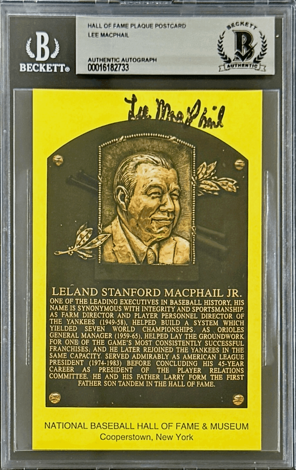 Lee Macphail Signed Autographed Hall of Fame Plaque Postcard Beckett 16182733 Lee Macphail Card 16182733, supplier stock photo