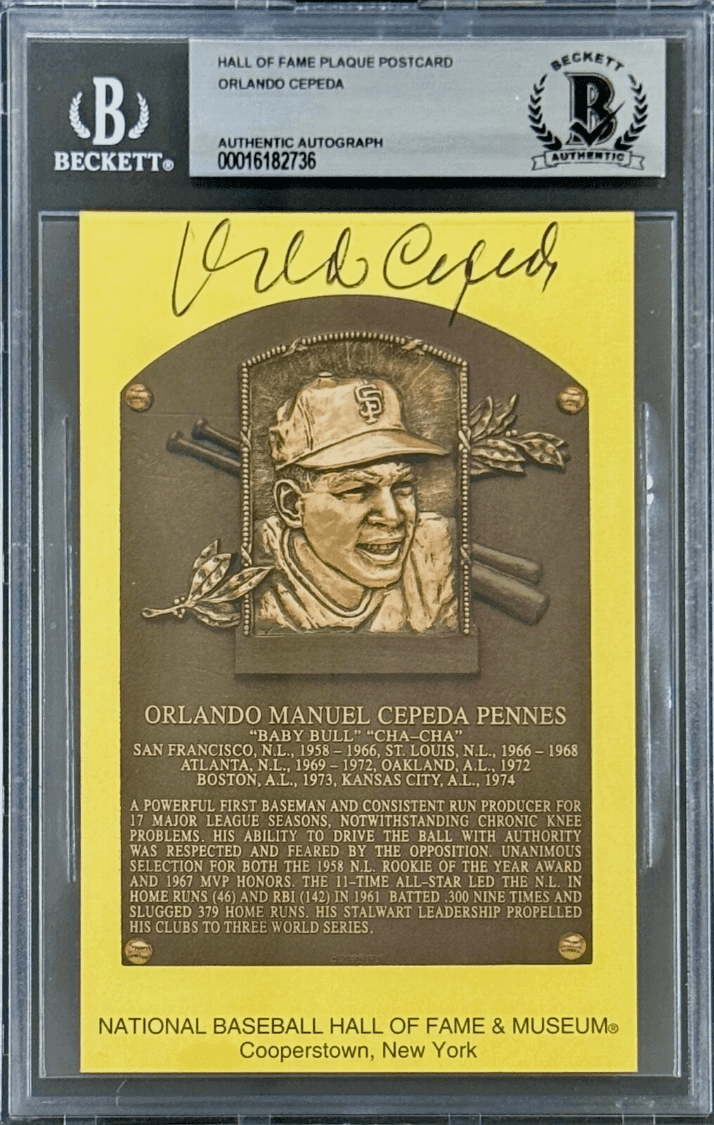 Orlando Cepeda Signed Autographed Hall of Fame Plaque Postcard Beckett 16182736 Orlando Cepeda Card 16182736, San Francisco Giants, supplier stock photo