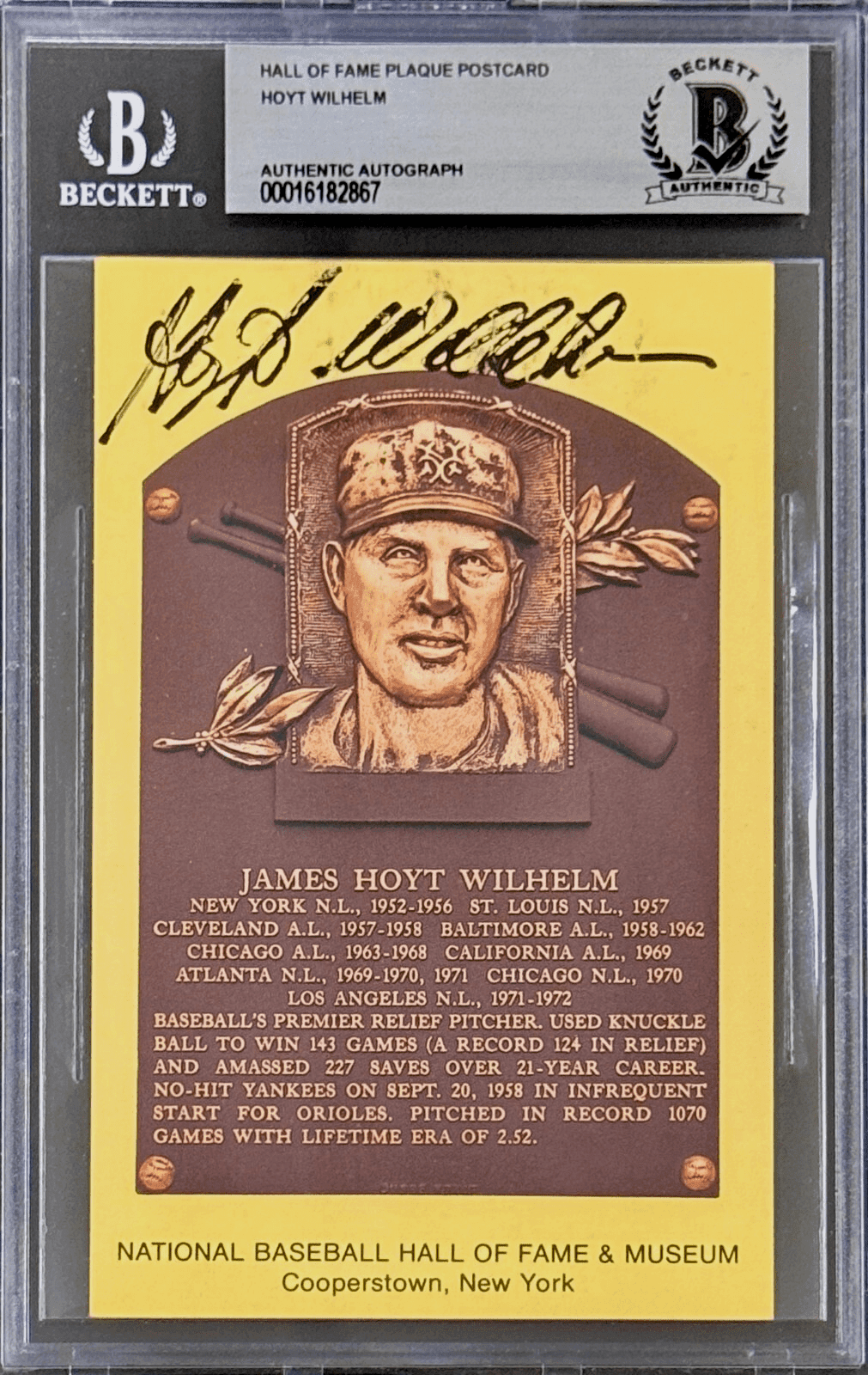 Hoyt Wilhelm Signed Autographed Hall of Fame Plaque Postcard Beckett 16182867 Hoyt Wilhelm Card 16182867, New York Giants, supplier stock photo
