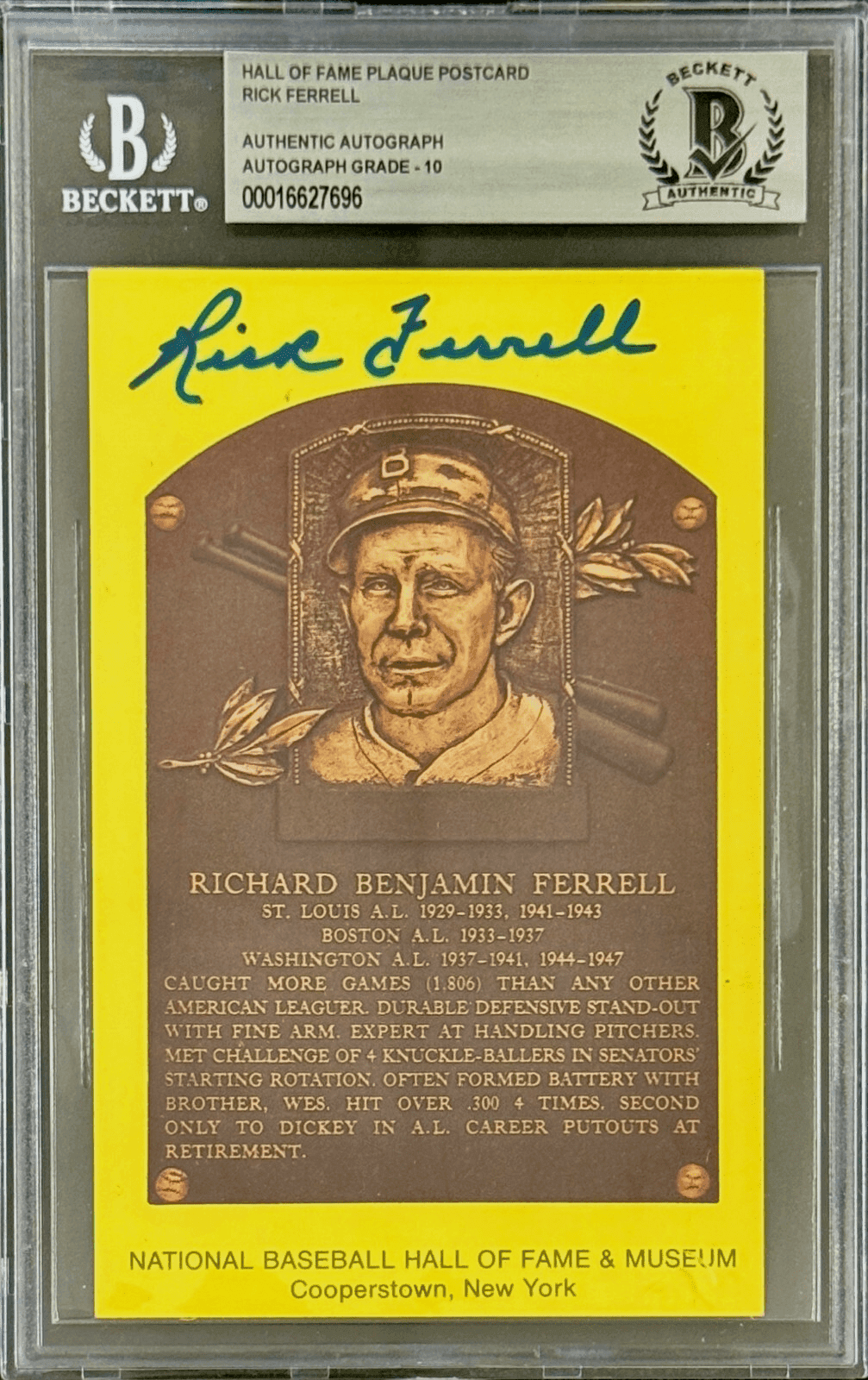 Rick Ferrell Signed Autographed Hall of Fame Plaque Postcard Beckett 16627696 Rick Ferrell Card 16627696, Boston Red Sox, supplier stock photo
