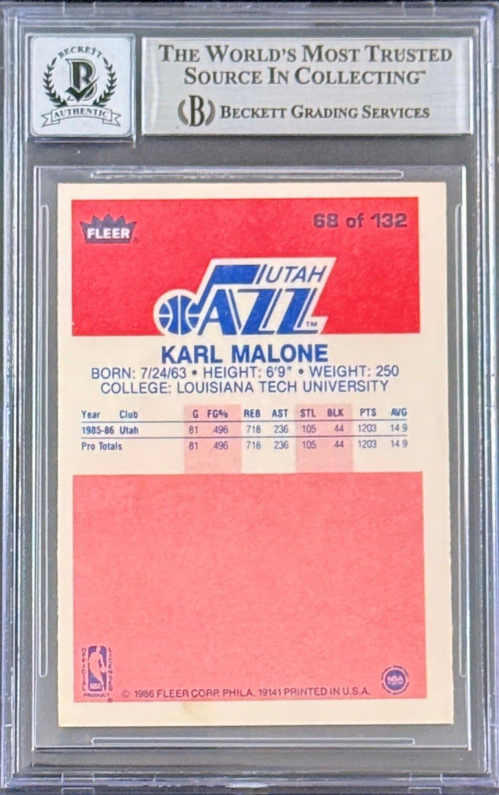 Karl Malone Signed 1986-87 Fleer Card #68 Beckett Auto 10 17718498 Mailman Karl Malone Card 17718498, view 2, supplier stock photo