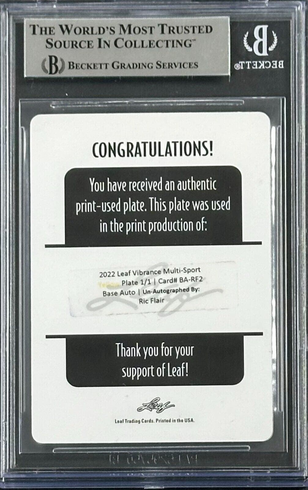 Ric Flair Signed 2022 Leaf Vibrance Printing Plate Yellow Beckett 16417273 Ric Flair Card 16417273, view 2, supplier stock photo