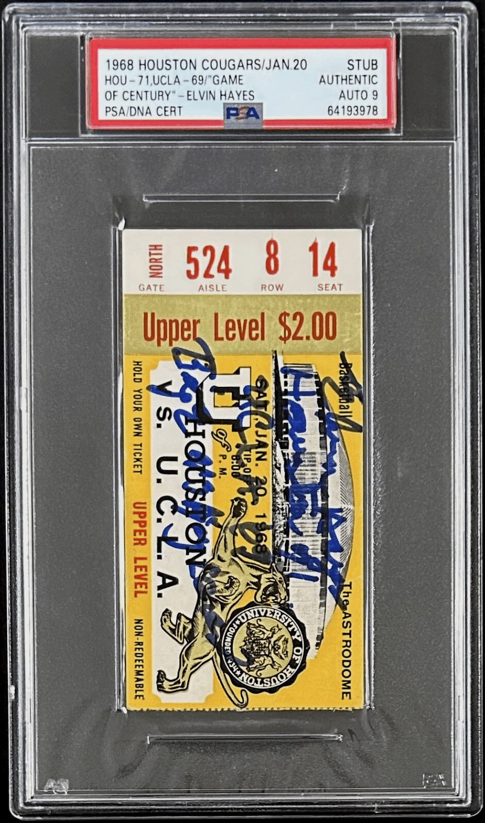 Elvin Hayes Signed UH vs UCLA Game of The Century Ticket Stub PSA Auto 9 Elvin Hayes Ticket Stub elvin-hayes-uh-vs-ucla-game, view 2, supplier stock photo
