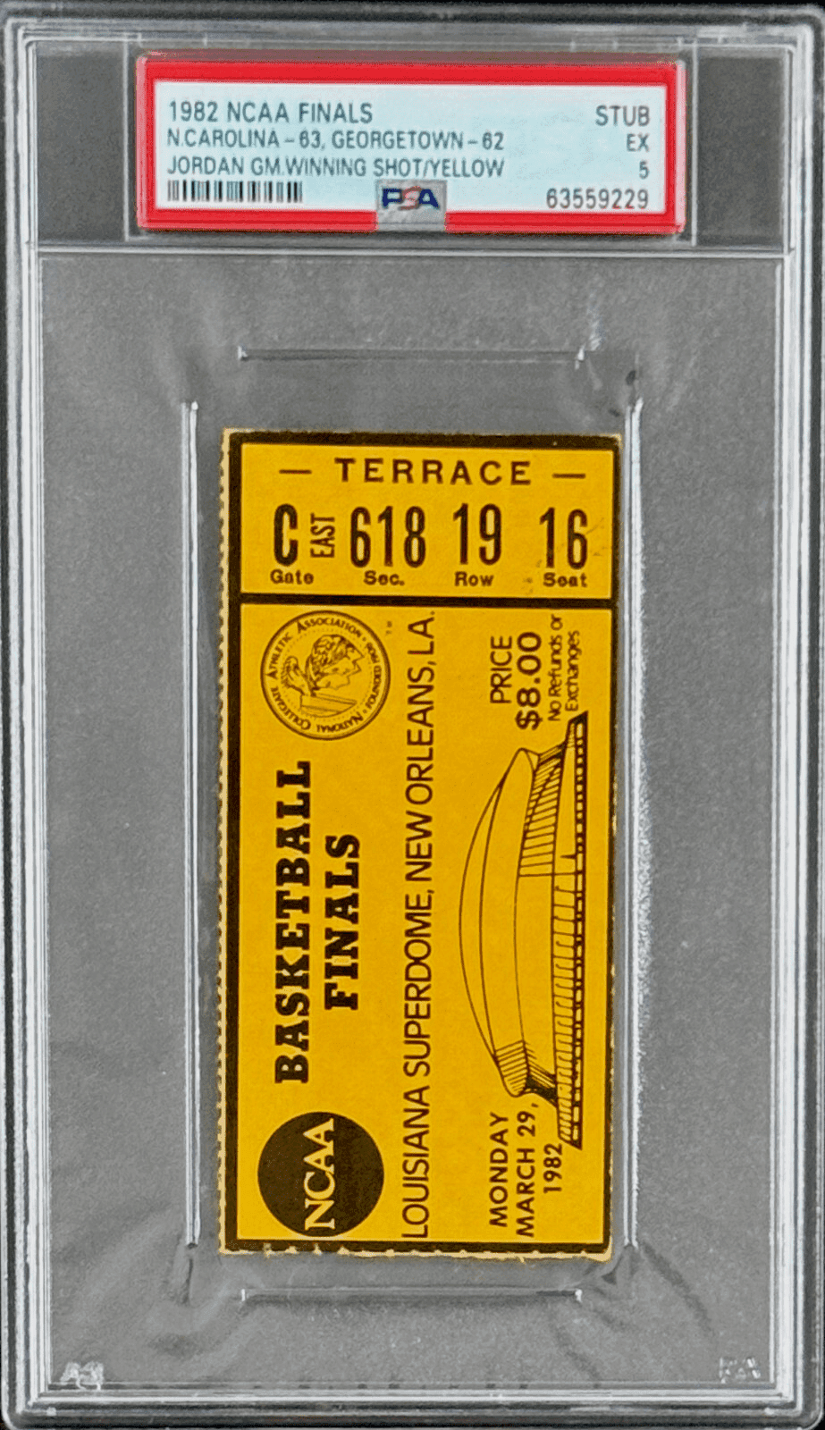 1982 NCAA Final Four Ticket Stub Michael Jordan UNC Game Winning Shot PSA 5 POP8 Michael Jordan Ticket Stub 1982-ncaa-final-four-michael-jordan, North Carolina Tar Heels, view 2, supplier stock photo