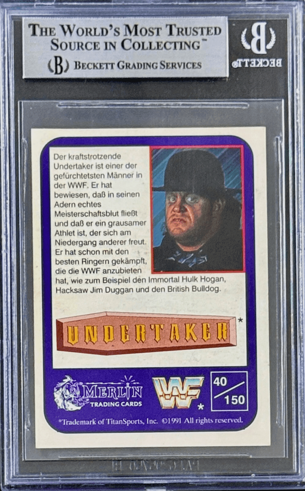 The Undertaker Signed 1991 Merlin WWF German RC Card #40 Beckett 14058771 Blue Undertaker Card 14058771, view 2, supplier stock photo