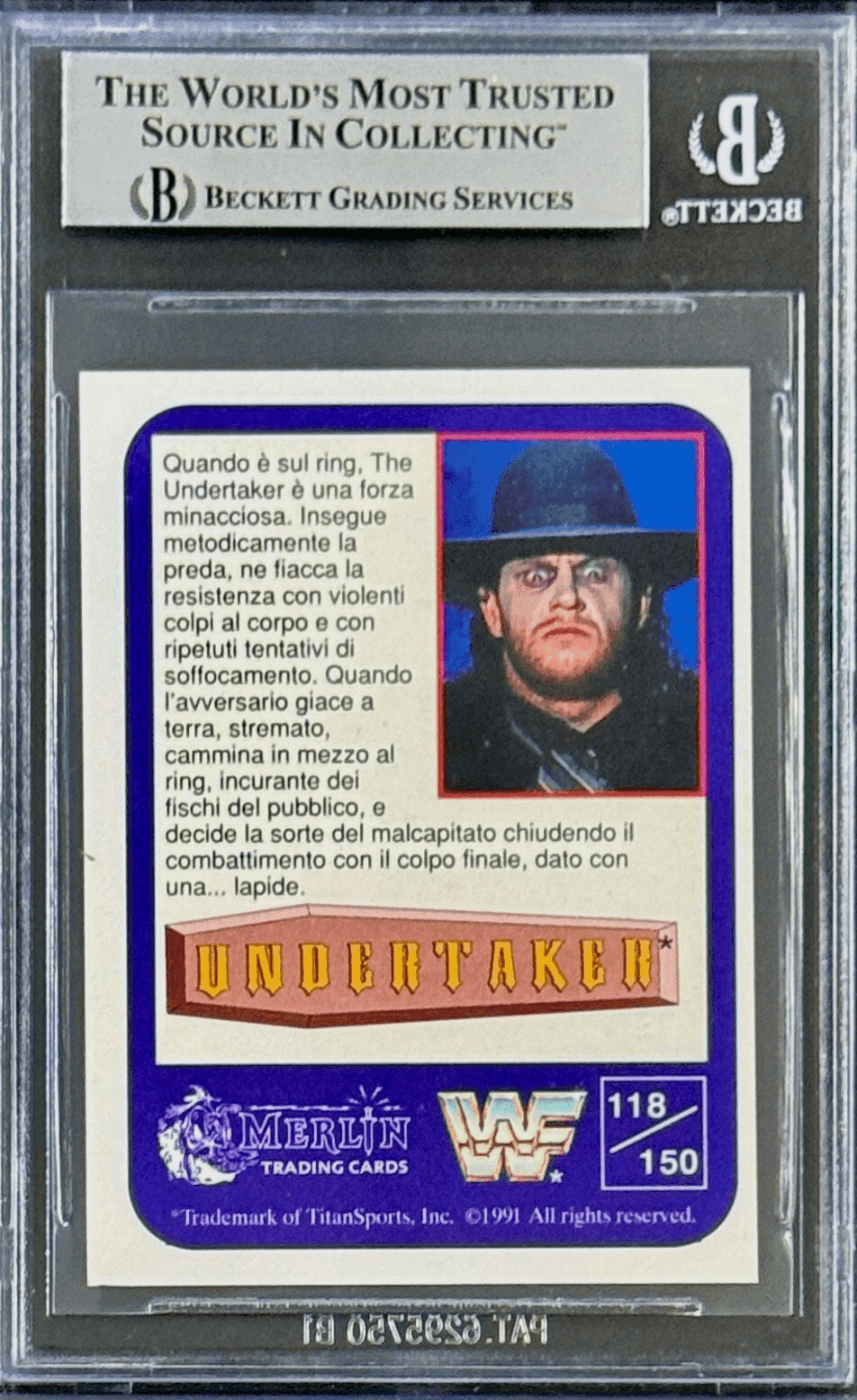The Undertaker Signed 1991 Merlin WWF Italian RC Card #118 Beckett 15679772 Silv Undertaker Card 15679772, view 2, supplier stock photo