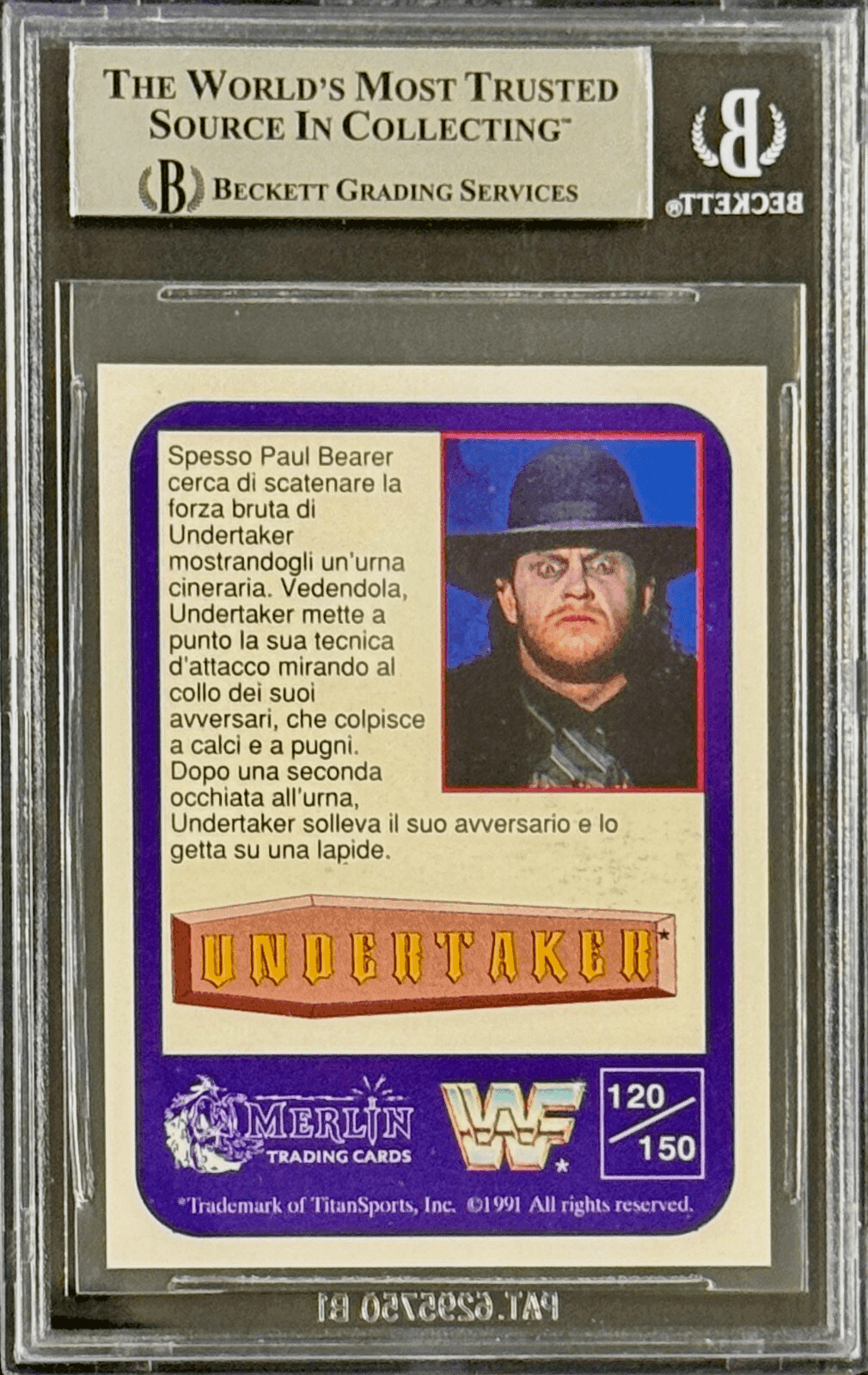 The Undertaker Signed 1991 Merlin WWF Italian RC Card #120 Beckett 15679776 Silv Undertaker Card 15679776, view 2, supplier stock photo