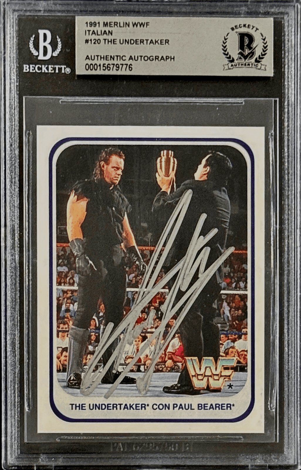 The Undertaker Signed 1991 Merlin WWF Italian RC Card #120 Beckett 15679776 Silv Undertaker Card 15679776, supplier stock photo