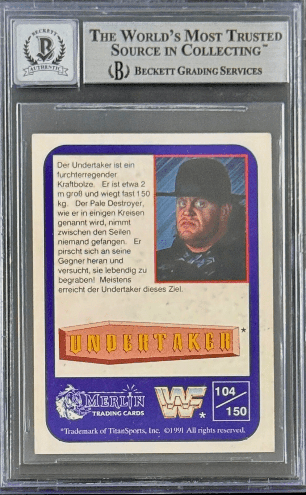 Undertaker Signed 1991 Merlin WWF German RC Card #104 Beckett 14058287 Auto 10 B Undertaker Card 14058287, view 2, supplier stock photo