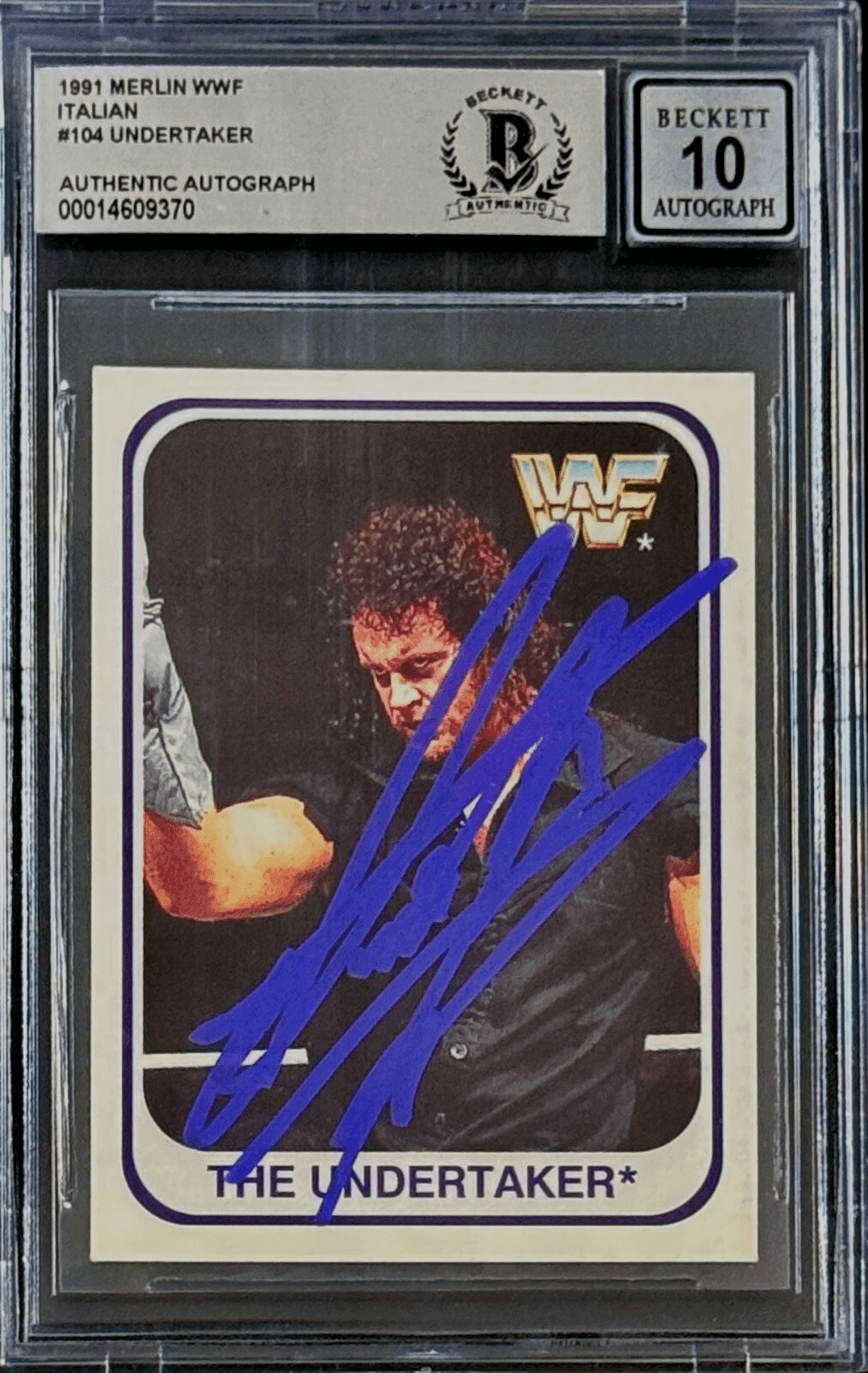 Undertaker Signed 1991 Merlin WWF Italian Card #104 Beckett 14609370 Auto 10 P Undertaker Card 14609370, supplier stock photo