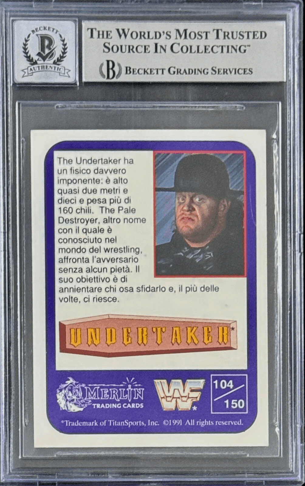 Undertaker Signed 1991 Merlin WWF Italian Card #104 Beckett 14609370 Auto 10 P Undertaker Card 14609370, view 2, supplier stock photo