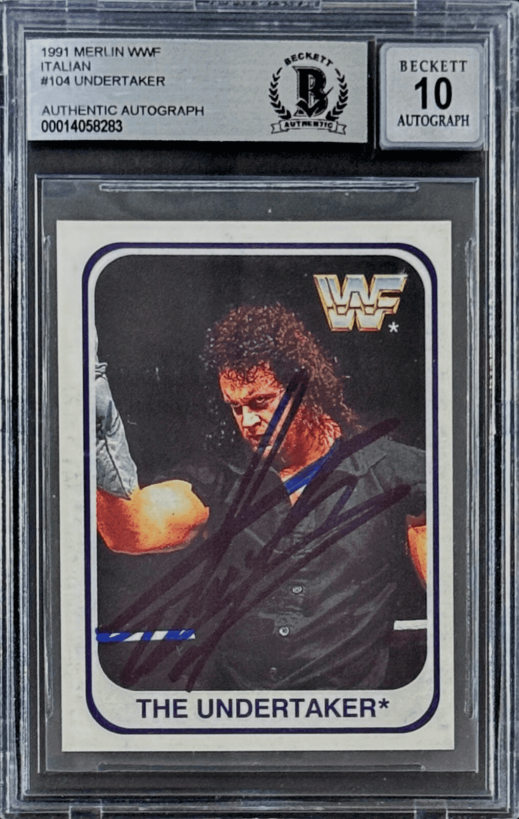 Undertaker Signed 1991 Merlin WWF Italian Card #104 Beckett 14058283 Auto 10 B Undertaker Card 14058283, supplier stock photo