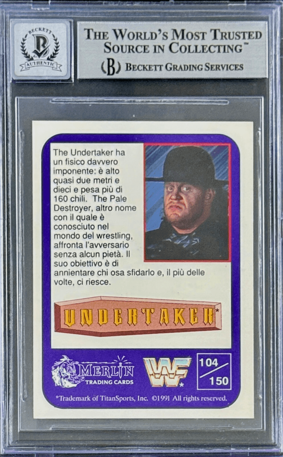 Undertaker Signed 1991 Merlin WWF Italian Card #104 Beckett 14058283 Auto 10 B Undertaker Card 14058283, view 2, supplier stock photo