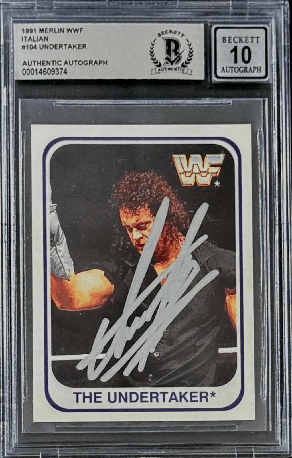 Undertaker Signed 1991 Merlin WWF Italian Card #104 Beckett 14609374 Auto 10 S Undertaker Card 14609374, supplier stock photo