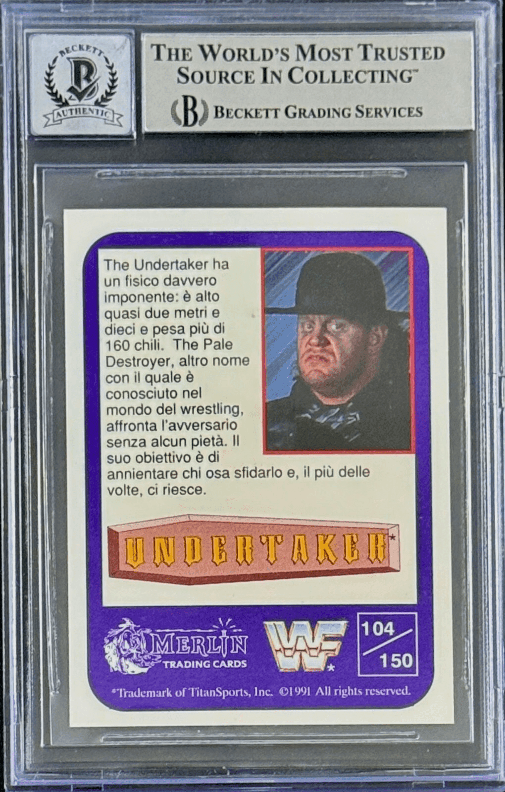 Undertaker Signed 1991 Merlin WWF Italian Card #104 Beckett 14609374 Auto 10 S Undertaker Card 14609374, view 2, supplier stock photo