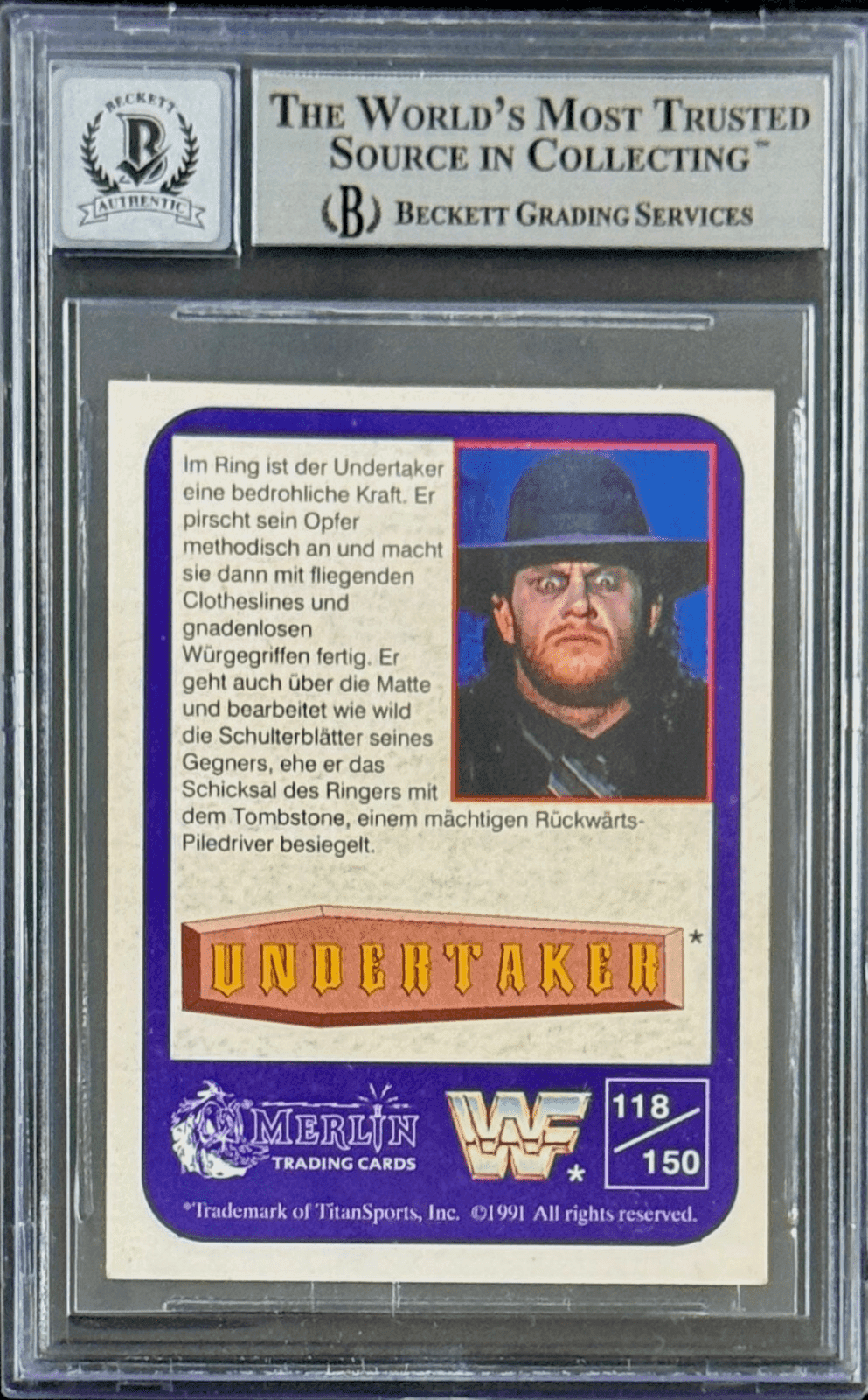 Undertaker Signed 1991 Merlin WWF German Card #118 Beckett 14058091 Auto 10 B Undertaker Card 14058091, view 2, supplier stock photo