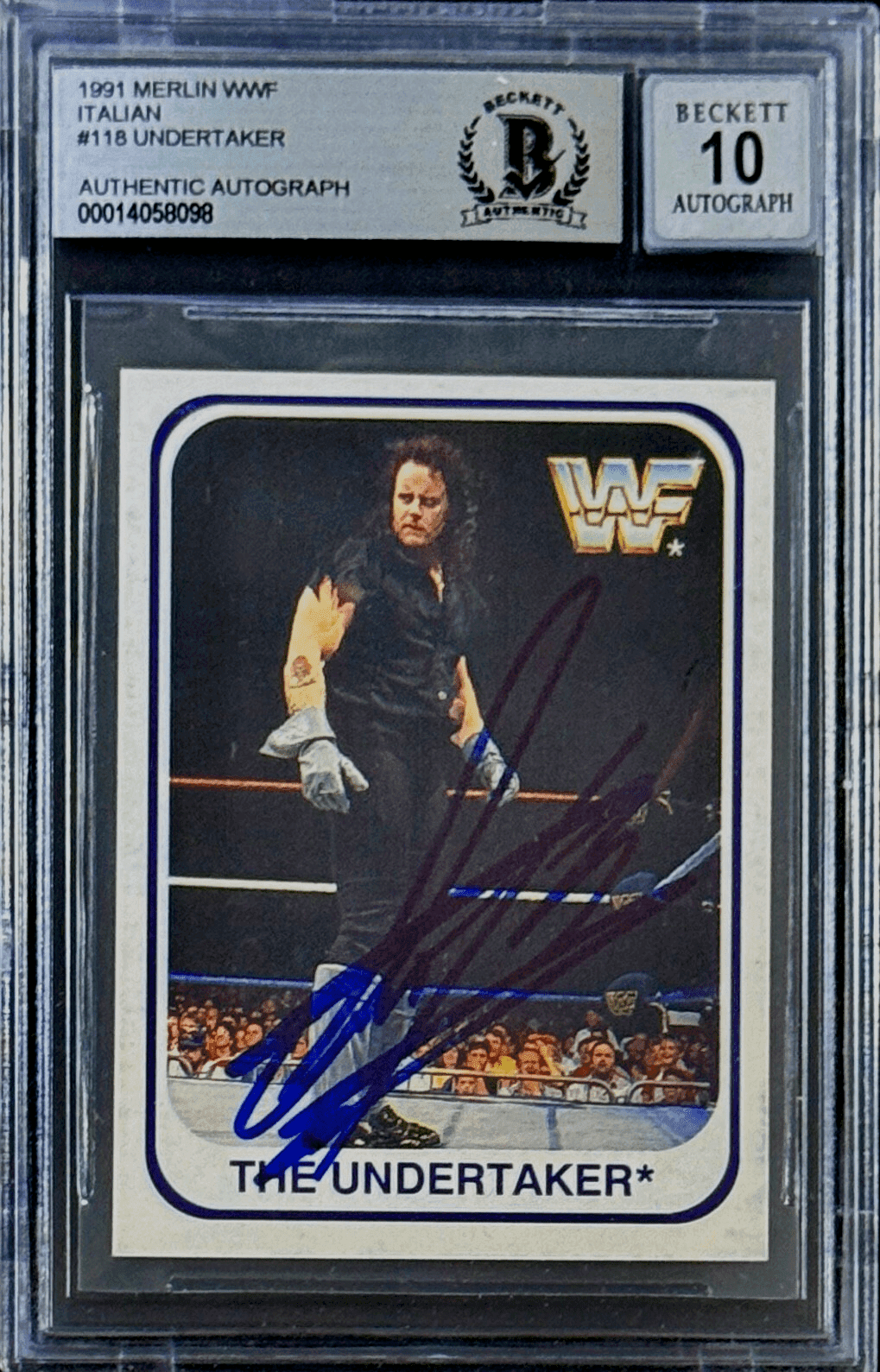 Undertaker Signed 1991 Merlin WWF Italian Card #118 Beckett 14058098 Auto 10 B Undertaker Card 14058098, supplier stock photo